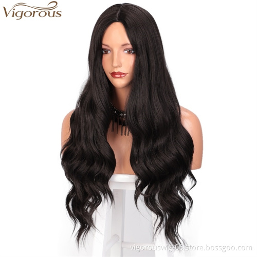 Vigorous Long Wavy Black Color Heat Resistant Synthetic Full Machine Made Wigs For Black Women Middle Part Fiber Hair Wig
